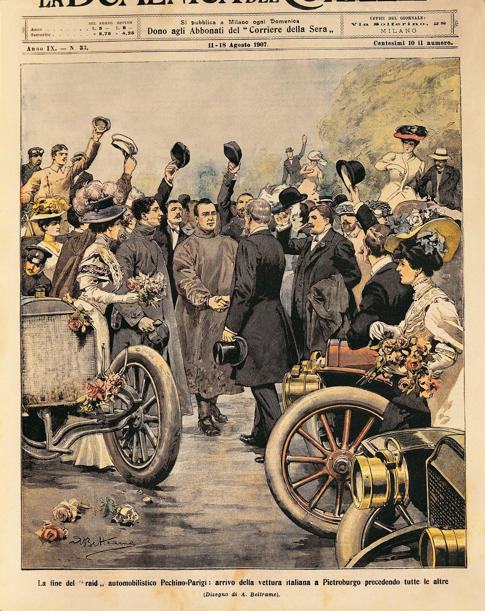 Ankomst till Sankt Petersburg av italiensk vinnande bil (Itala 35/45 HP körd av Scipione Borghese och Ettore Guizzardi), slutet av Paris-Peking motorrace, illustration av Achille Beltrame från La Domenica del Corriere, 11-18 augusti av Achille Beltrame