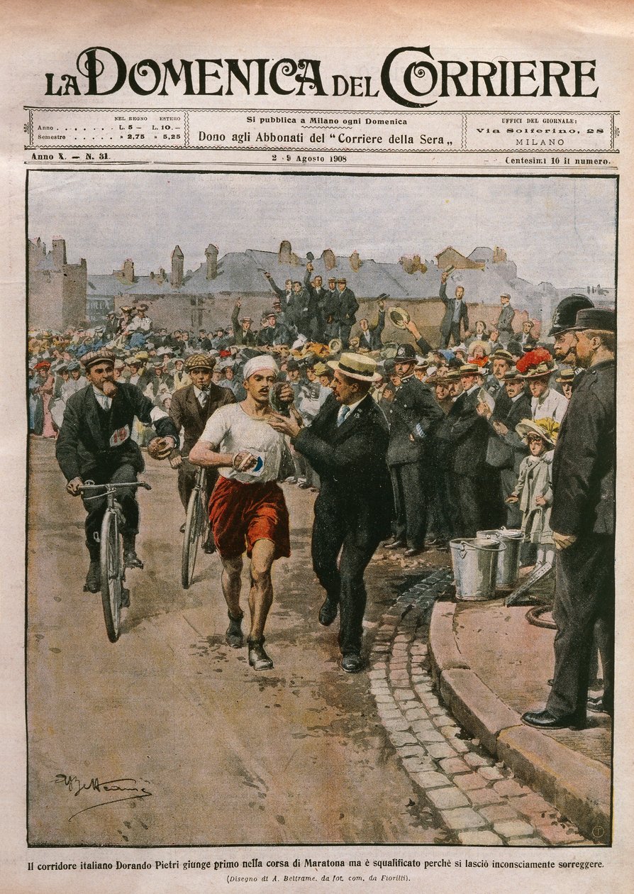 Ankomst av Dorando Pietri (1885-1942) i maraton, OS i London, illustration av Achille Beltrame från La Domenica del Corriere, 2-9 augusti av Achille Beltrame