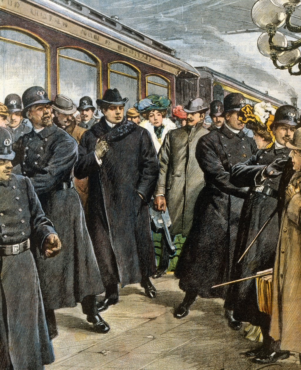Ankomst av den italienske kompositören Pietro Mascagni (1863-1945) till New York av Achille Beltrame