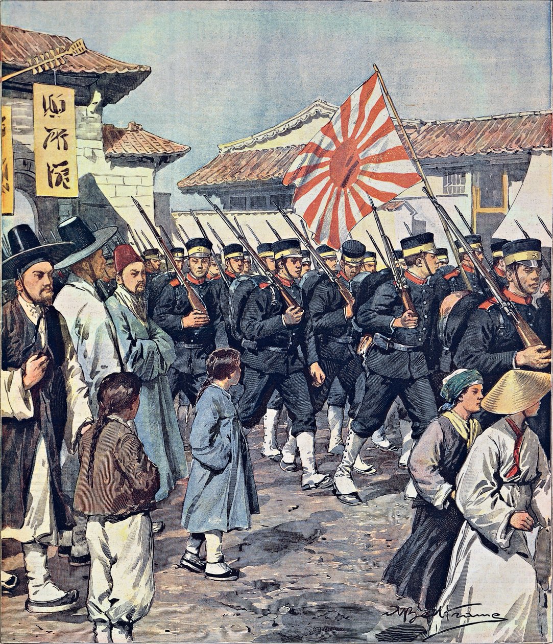 Japanska truppers ankomst till Korea, av Achille Beltrame (1871-1945), illustration från La Domenica del Corriere, 21 februari av Achille Beltrame