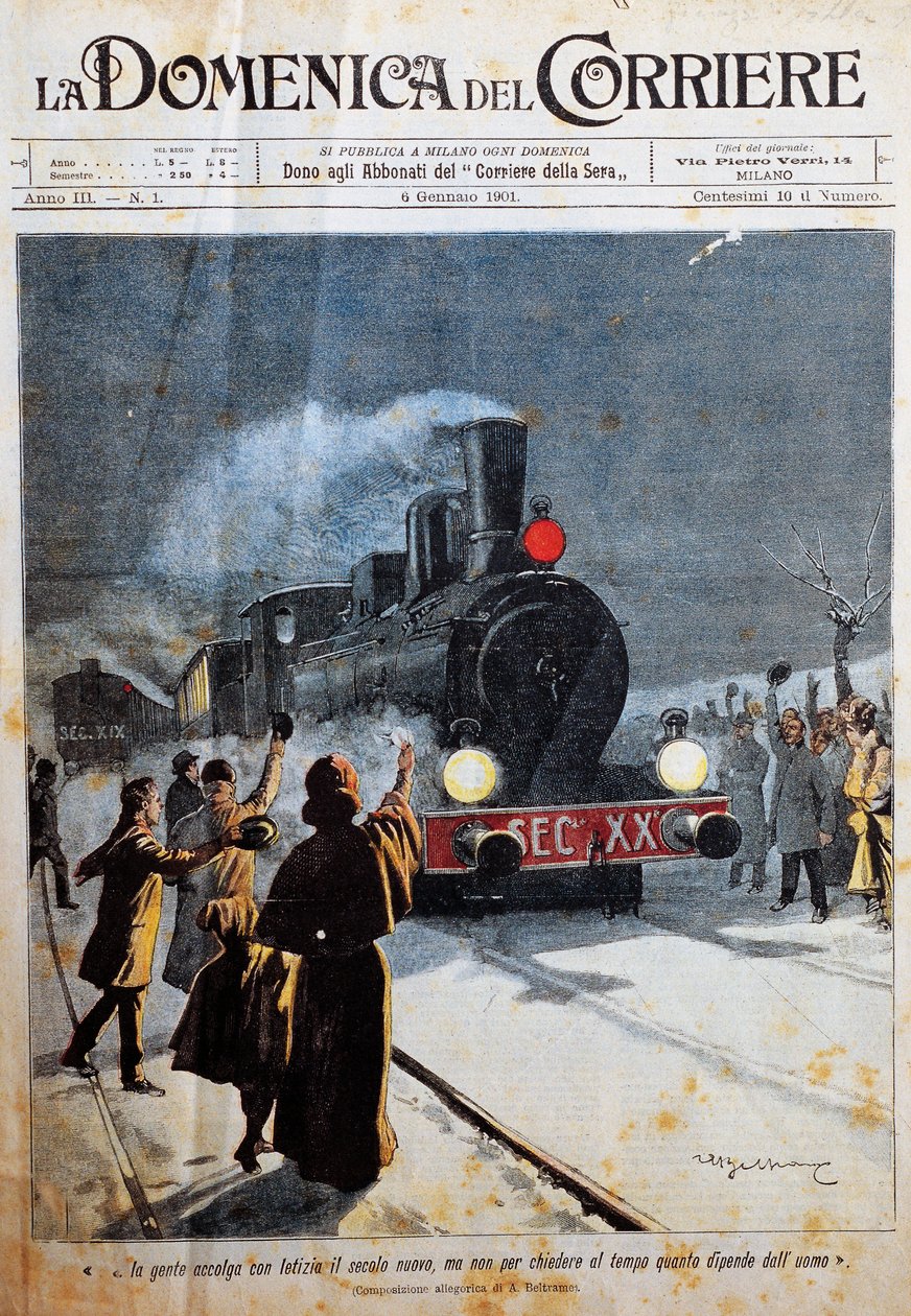 Det nya århundradets ankomst, människor välkomnar det nya århundradet med glädje, illustration av Achille Beltrame (1871-1945), från La Domenica del Corriere, 6 januari av Achille Beltrame