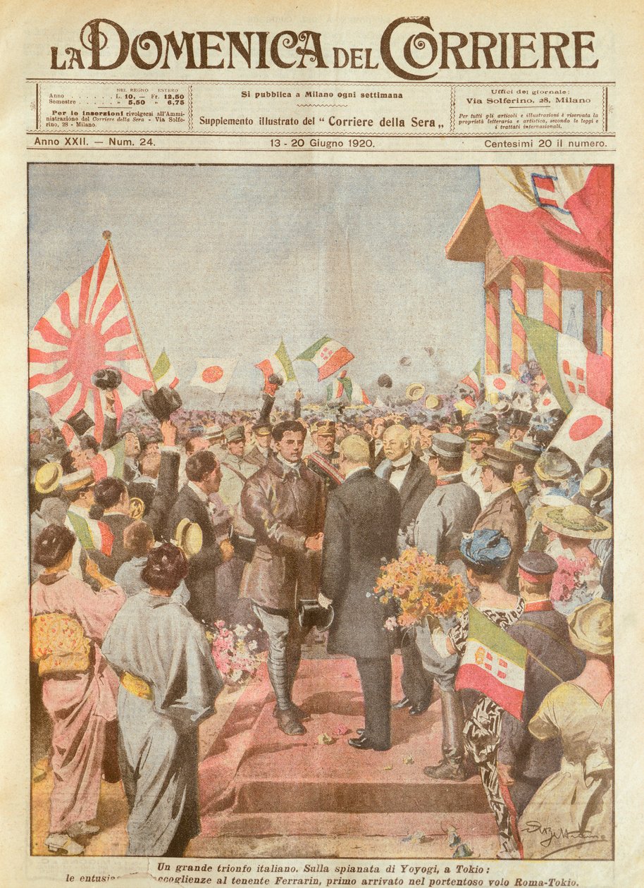 Arturo Ferrarin, långdistansflygare som välkomnas i Tokyo som den första att anlända på rutten Rom-Tokyo, av Achille Beltrame, illustration, illustratör Achille Beltrame (1871-1945), från La Domenica del Corriere av Achille Beltrame