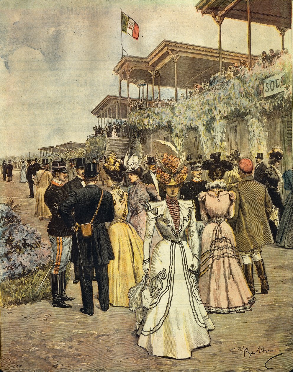 Vid hästkapplöpningar i San Siro (Milano), av Achille Beltrame (1871-1945), från La Domenica del Corriere, 4 juni 1899 av Achille Beltrame