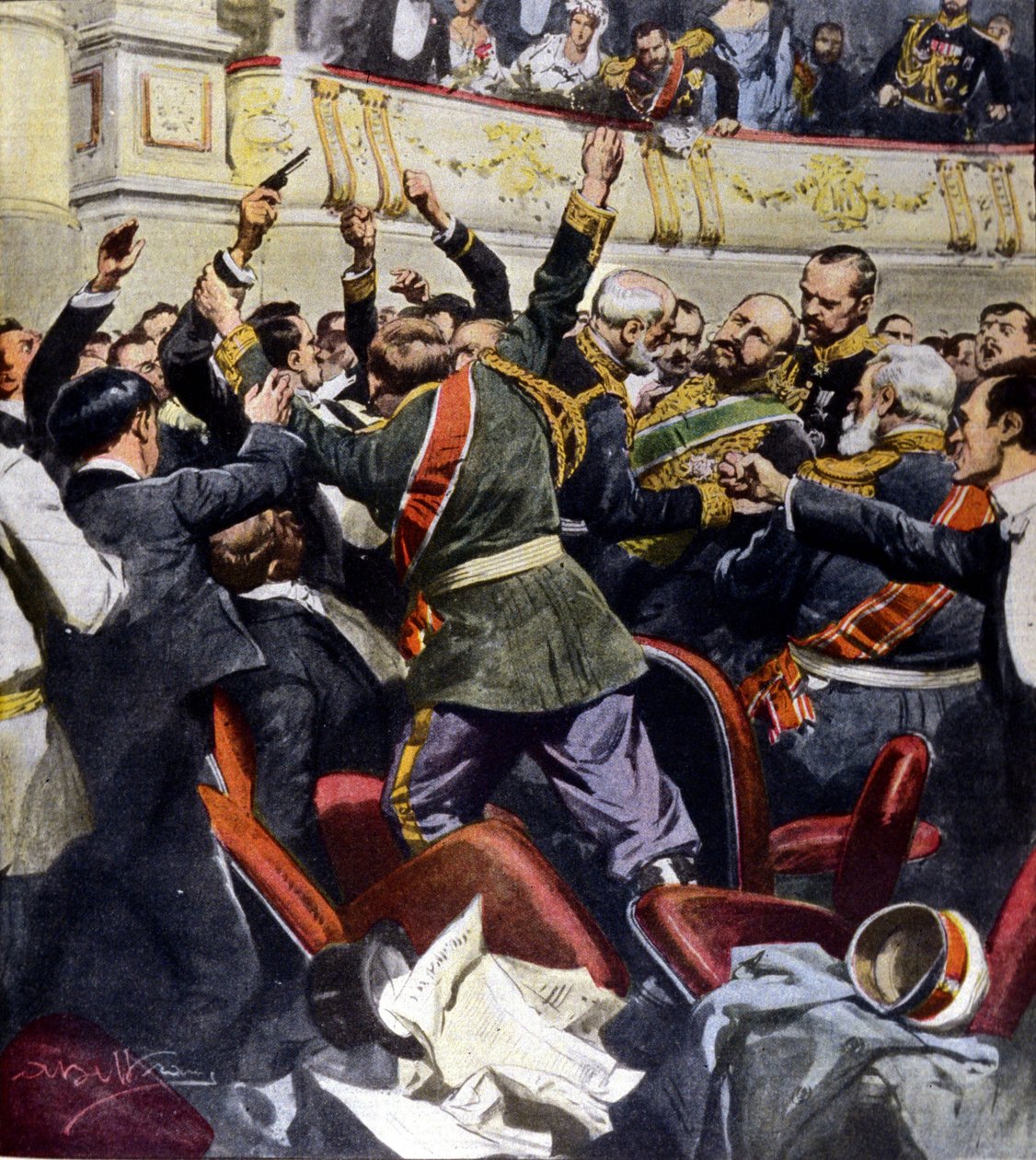 Attack mot den ryske ministern Stolypin i den kommunala teatern i Kiev. Illustration av Beltrame av Achille Beltrame