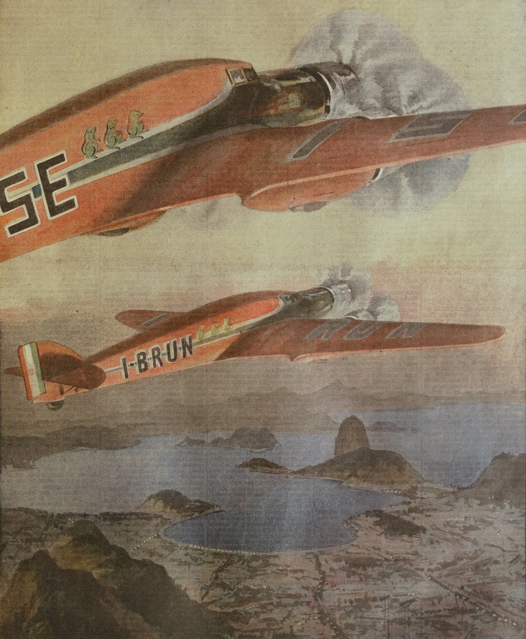 Attilio Biseo och Bruno Mussolinis transatlantiska flygning Italien-Brasilien, av Achille Beltrame, illustration, illustratör Achille Beltrame (1871-1945), från La Domenica del Corriere, 6 februari 1938 av Achille Beltrame