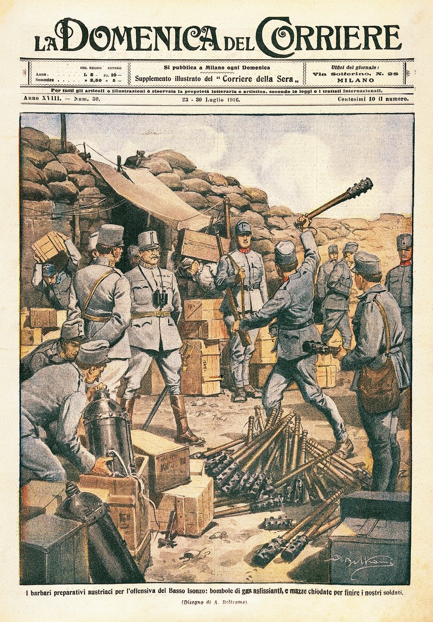 Österrikiska barbarer förbereder sig för offensiven på Nedre Isonzo, illustration från La Domenica del Corriere, 23 juli av Achille Beltrame