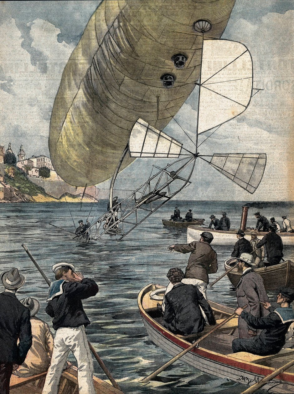BELTRAME, Achilles (1871-1945). BELTRAME, Achilles (1871-1945); SANTOS DUMONT, Alberto (1873-1932). Brasiliansk flygpionjär. Alberto Santos Dumonts dirigible faller i havet före kasinot i Monte Carlo. Bild av Achille Beltrame för "" La av Achille Beltrame