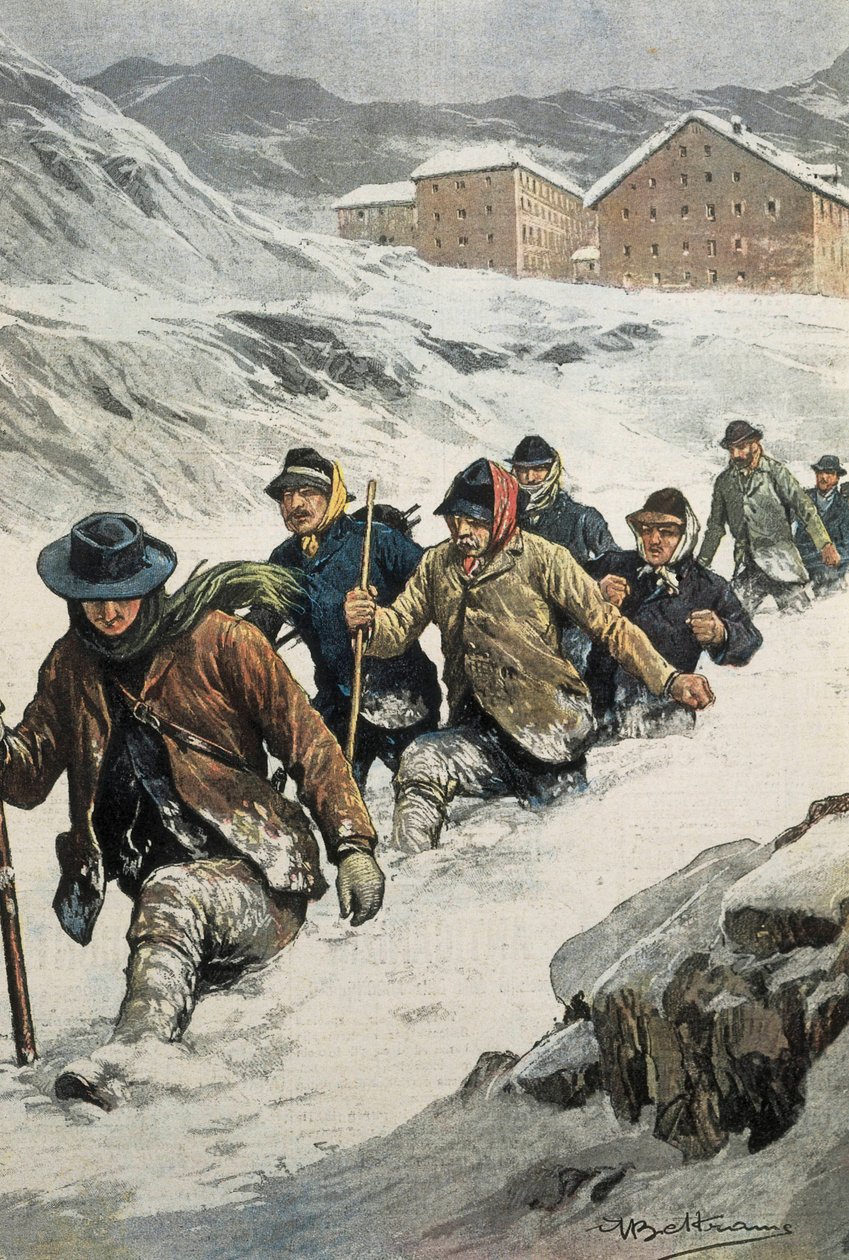 BELTRAME, Achilles (1871-1945). Italienska arbetare som korsar St. Bernard-passet mellan Aosta och Schweiz. Omslag till "" La Domenica del Corriere"". 1904-02-14. Litografi. av Achille Beltrame
