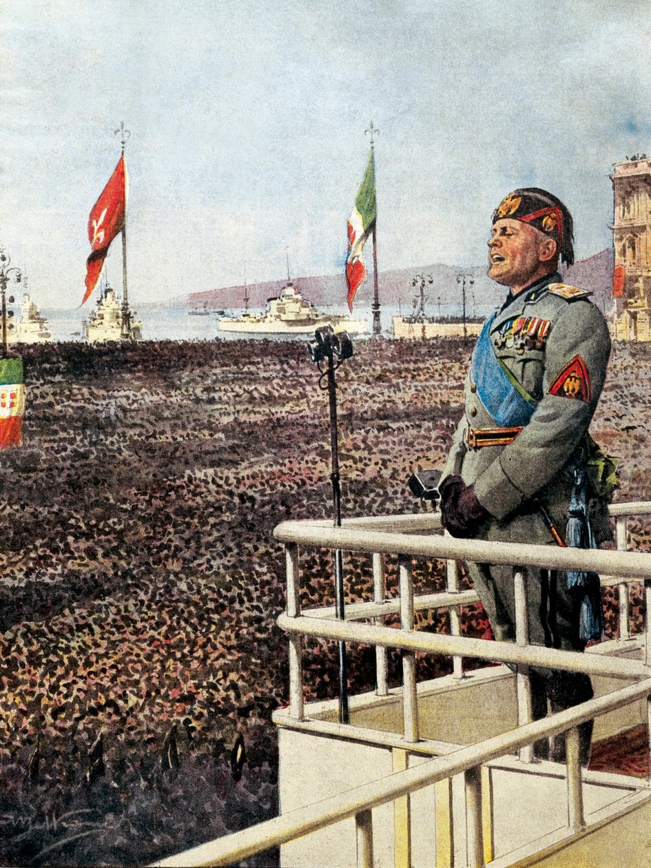 BELTRAME, Achilles (1871-1945). MUSSOLINI, Benito (1883-1945). Italiensk fascistpolitiker, Italiens hertig (ledare) (1925-1943). The Duce talar till folket i Trieste och världen (september 1938). Illustration av Achille Beltrame för "" Domenica del Corr av Achille Beltrame