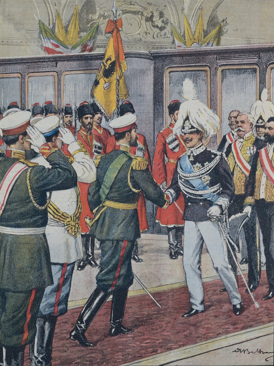 BELTRAME, Achilles (1871-1945). Victor Emmanuel III (1869-1947). kung av Italien (1900-1946); Nikolaus II. Tsar av Ryssland (1894-1917). RYSSLAND. Tsaren tar emot kung Victoria Emmanuel III av Italien i Peterhof. A. Beltrame illustration. Domenica av C av Achille Beltrame