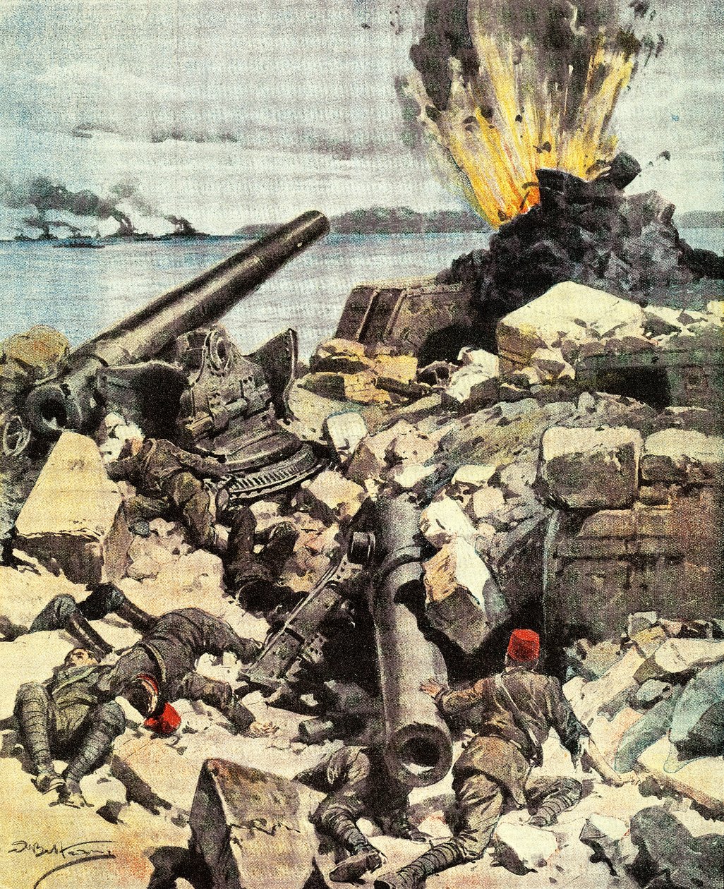 Slaget vid Dardanelles, anglo-fransk flotta förstör Dardanelles fort för att bryta sundet och anlända till Konstantinopel, av Achille Beltrame (1871-1945), illustration från La Domenica del Corriere, 14-21 mars av Achille Beltrame