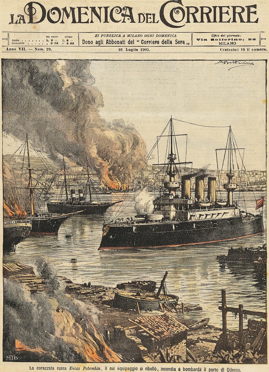 Slagskeppet Potemkin bombarderar Odessa, av Achille Beltrame, illustration, illustratör Achille Beltrame (1871-1945), från La Domenica del Corriere av Achille Beltrame