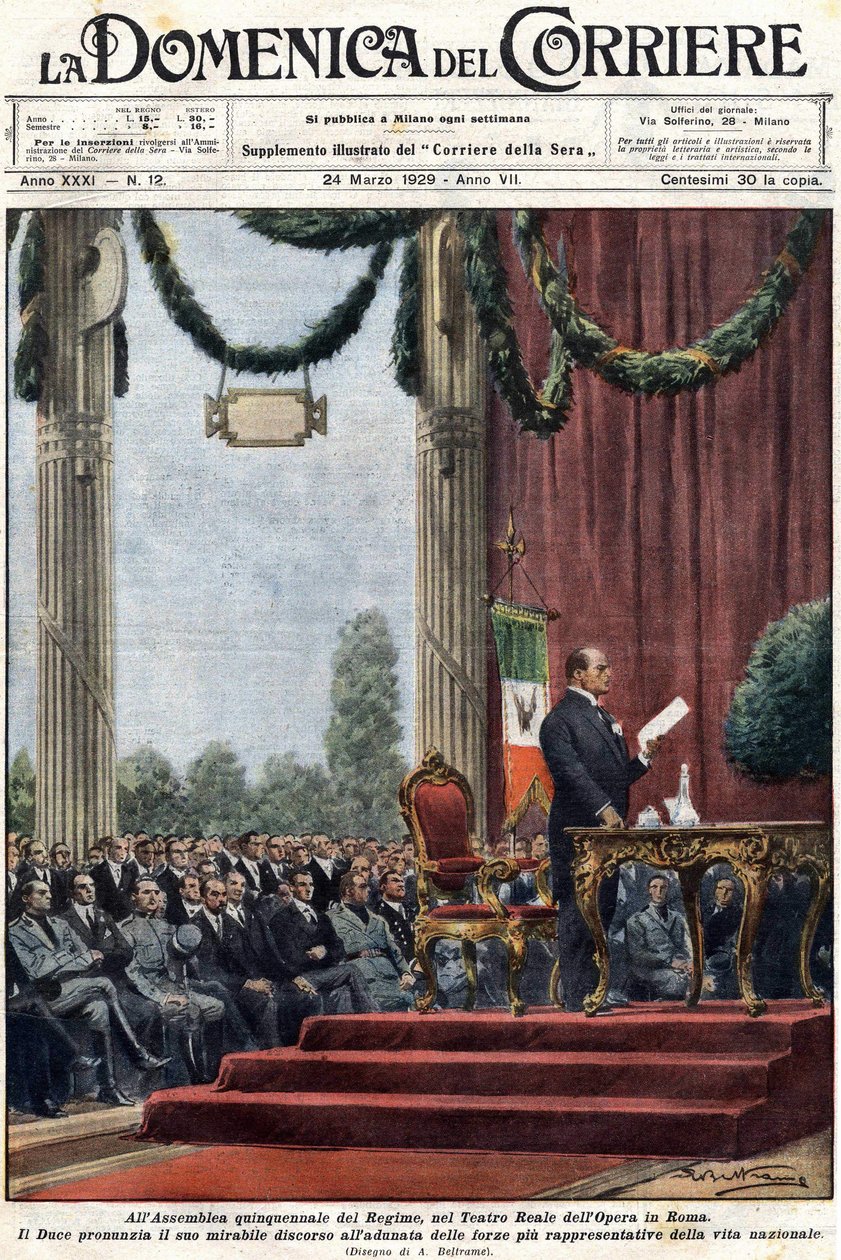 Benito Mussolini håller sitt tal på Teatro Reale i operan i Rom inför regimens ledare. illustration av Achilles Beltrame.”” Domenica del corriere”” av 24 mars 1929 av Achille Beltrame