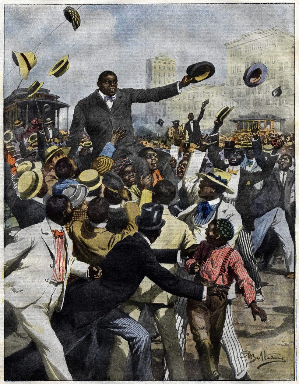 Boxaren Jack Johnson anlände till Chicago 1910. Illustration av Achille Beltrame för La Domenica del Corriere””. av Achille Beltrame
