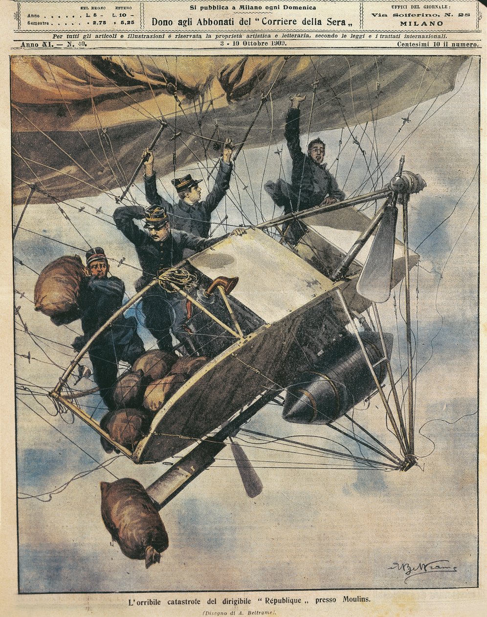 Katastrof för luftskeppet Republique nära Moulins, Frankrike, illustration av Achille Beltrame från La Domenica del Corriere, 3-10 oktober av Achille Beltrame