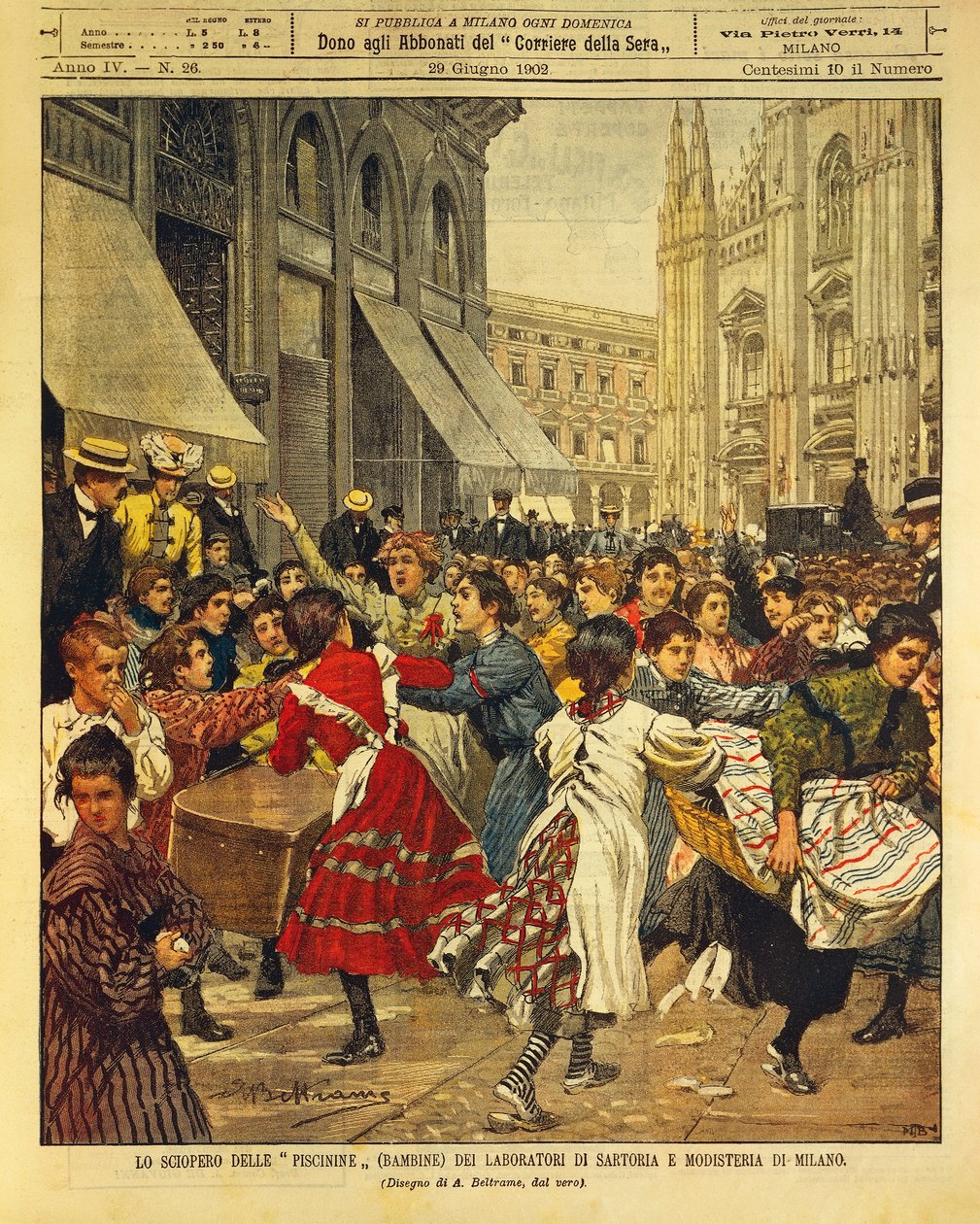 Barnstrejk känd som Piscinine i klädsömnad och maleriverkstäder i Milano, av Achille Beltrame, illustration, illustratör Achille Beltrame (1871-1945), från La Domenica del Corriere, 29 juni 1902 av Achille Beltrame