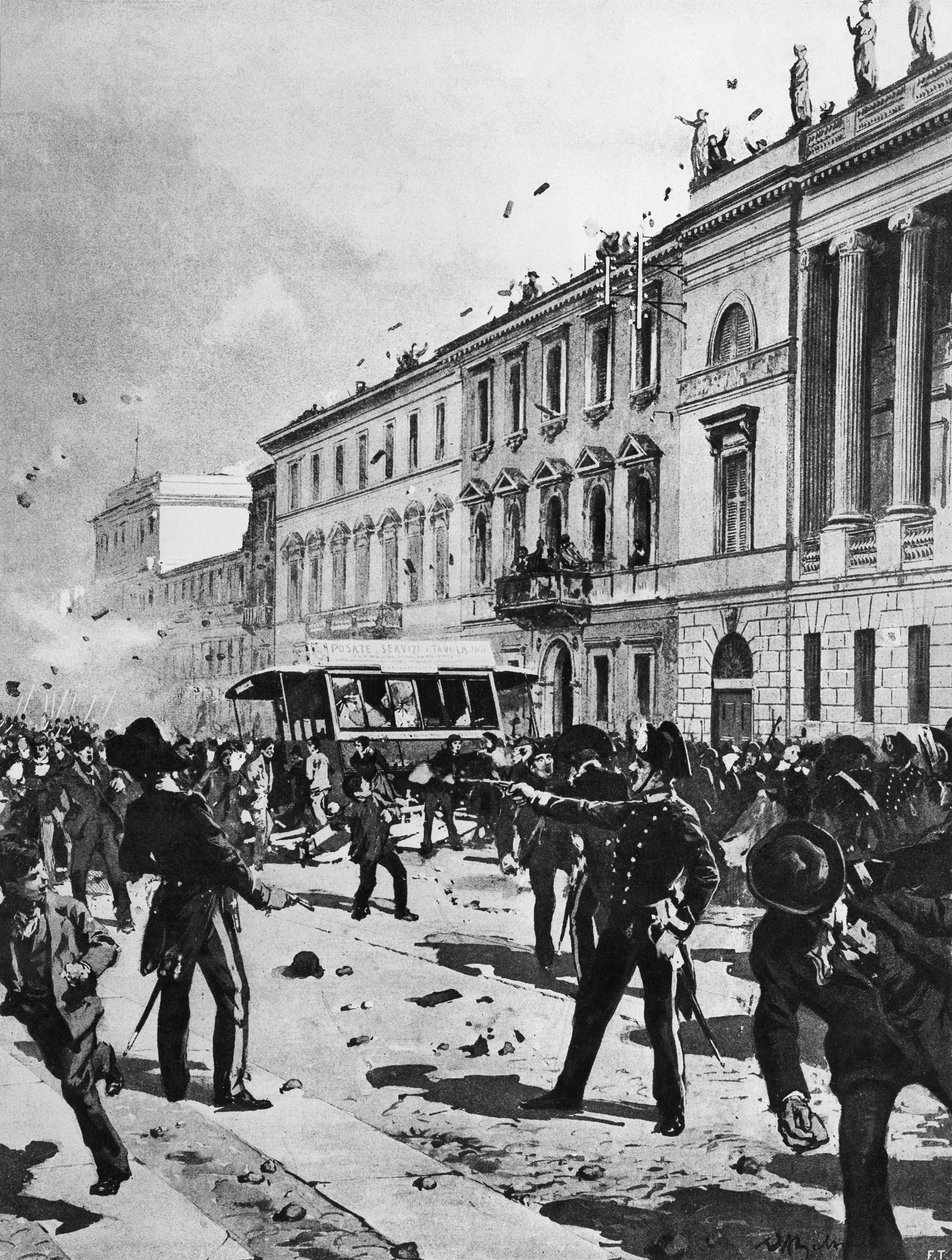 Sammandrabbning mellan demonstranter och polis i Milano, Corso Venezia, framför Palazzo Saporiti, 7 maj av Achille Beltrame