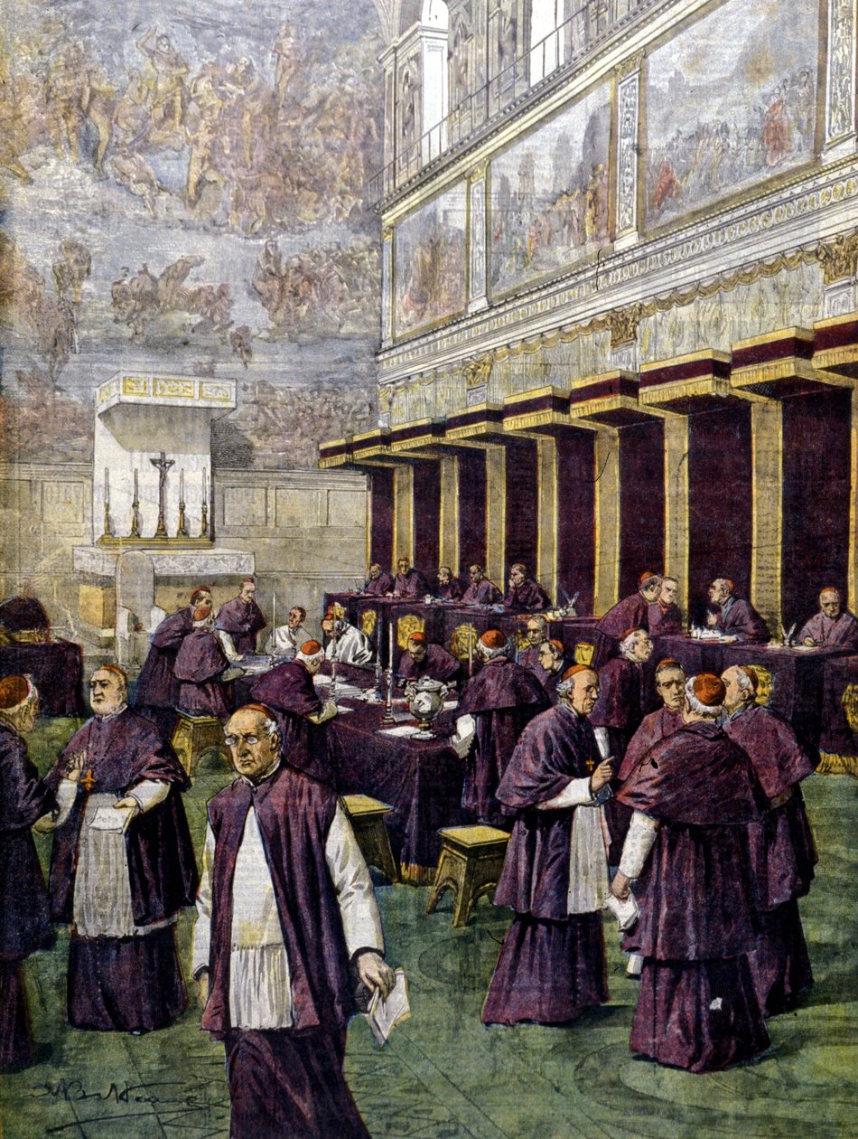 Konklaven i Sixtinska kapellet för valet av den nya påven. Illustration av Beltrame. Domenica del corriere. 1903. av Achille Beltrame
