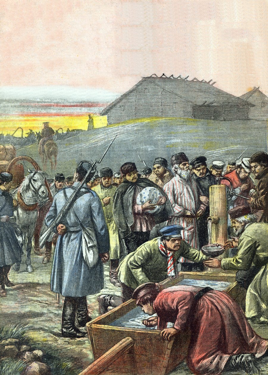Konvoj av deporterade ryska politiska fångar på väg till exil i Sibirien, illustration från tidskriften "La Tribuna Illustrata", 4 augusti 1907 av Achille Beltrame