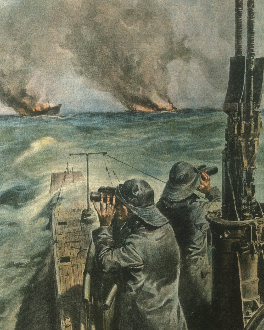 Omslagsillustration av angloamerikanska ångfartyg som torpederades utanför Västafrikas kust under andra världskriget av Achille Beltrame