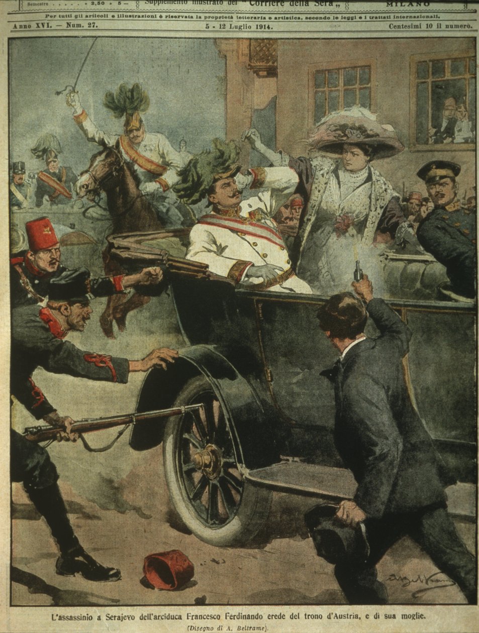 Omslagsillustration av mordet på ärkehertig Franz Ferdinand av Österrike, arvtagare till den österrikisk-ungerska tronen, Sarajevo av Achille Beltrame