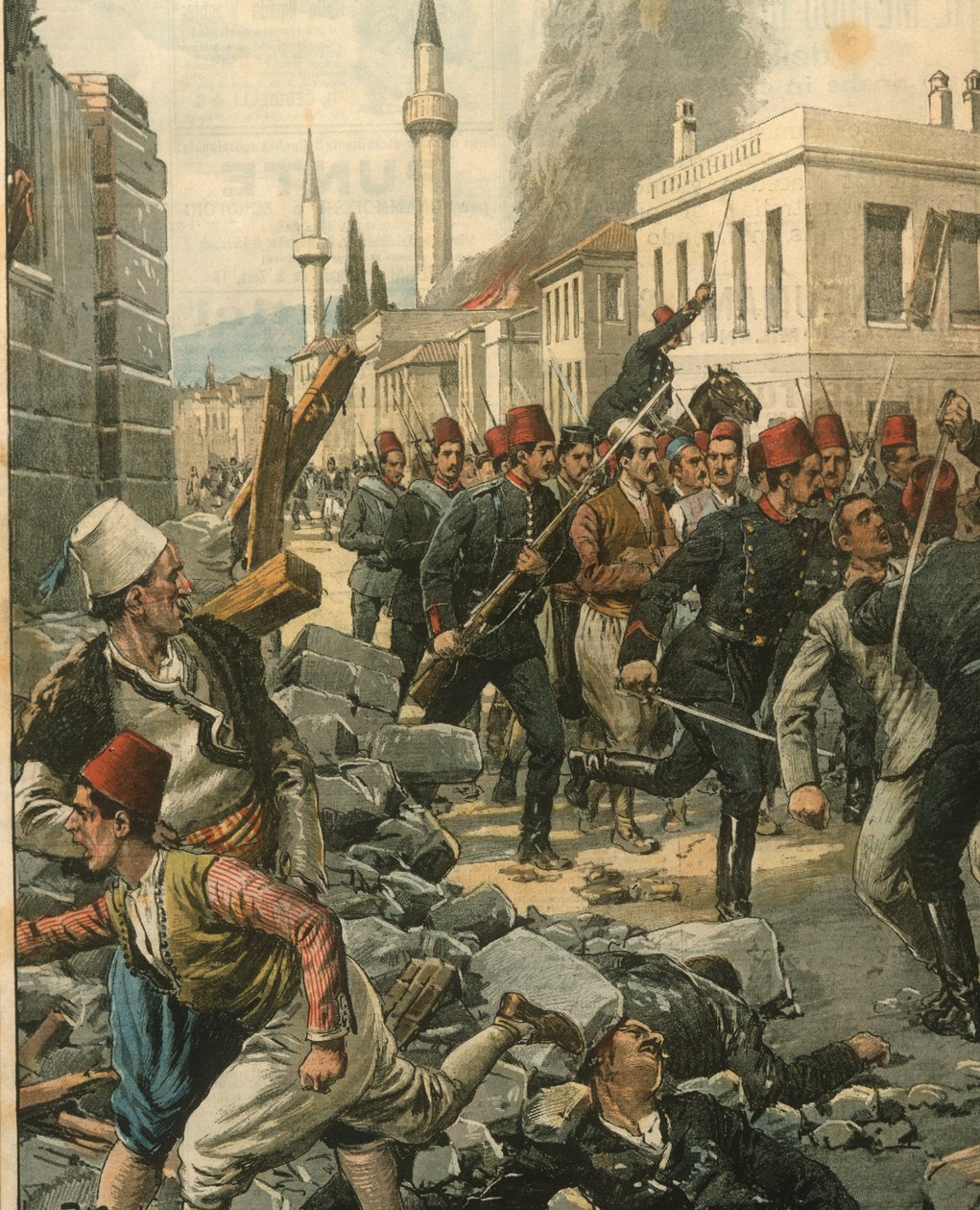 Omslagsillustration av bulgarer som invaderar Thessaloniki och skrämmer dess befolkning av Achille Beltrame