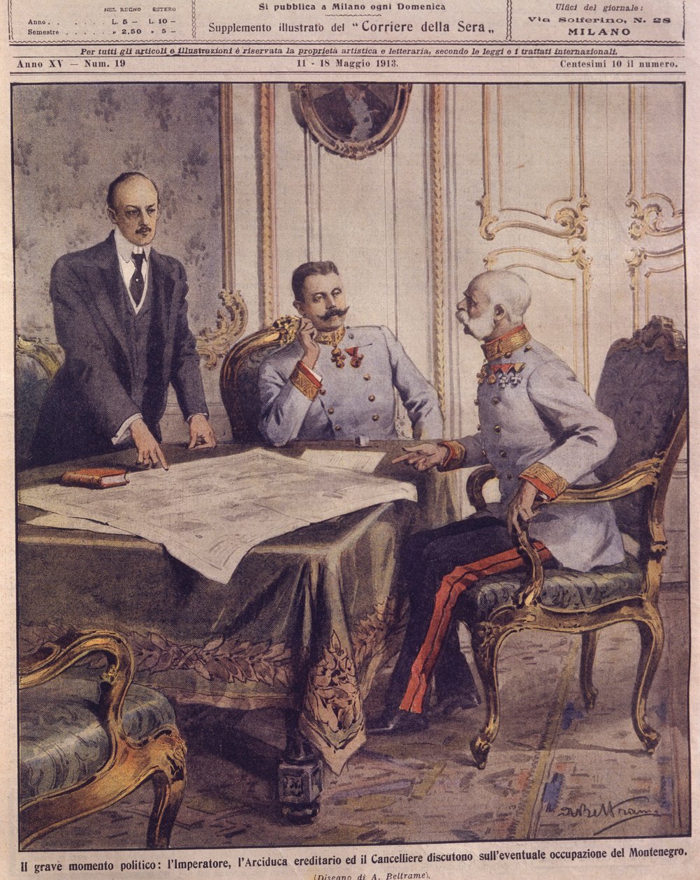 Omslagsillustration av kejsaren av Österrike som diskuterar möjlig ockupation av Montenegro av Achille Beltrame