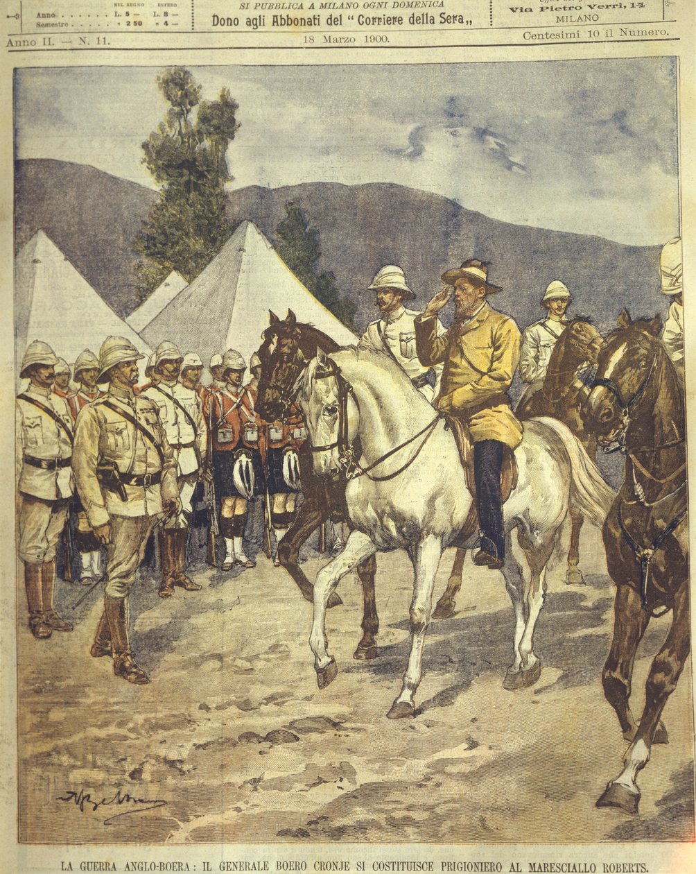 Omslagsillustration av general Cronje som kapitulerar till marskalk Roberts under anglo-zulu- och anglo-boerkrigen 1850-1902 av Achille Beltrame