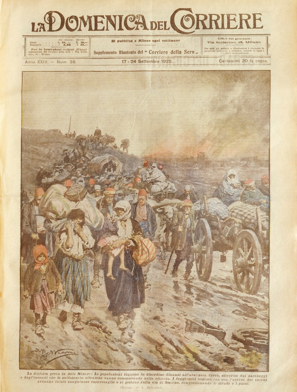 Omslagsillustration av grekiskt nederlag i Mindre Asien av Achille Beltrame