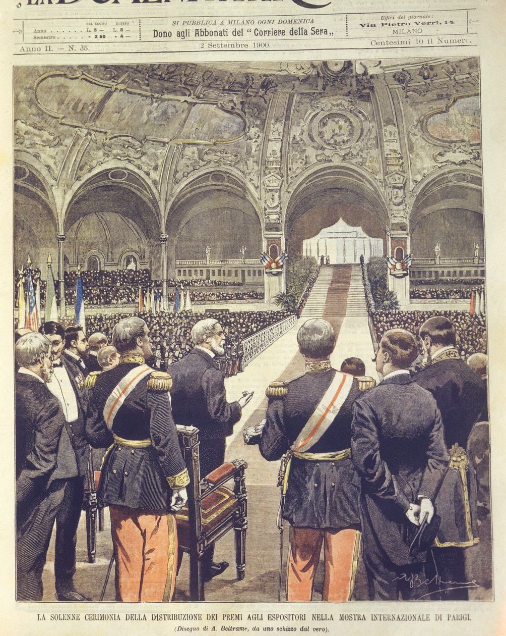 Omslagsillustration av den högtidliga ceremonin för utdelning av priser vid världsutställningen 1900 i Paris, Frankrike av Achille Beltrame