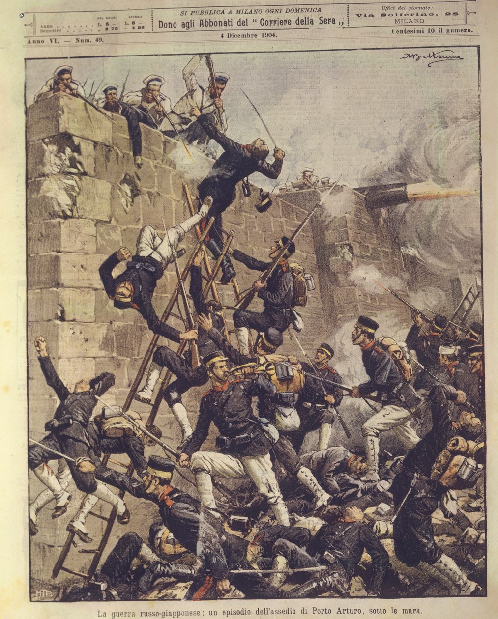Omslagsillustration av belägringen av Port Arthur i Kina under det rysk-japanska kriget 1904-1905 av Achille Beltrame