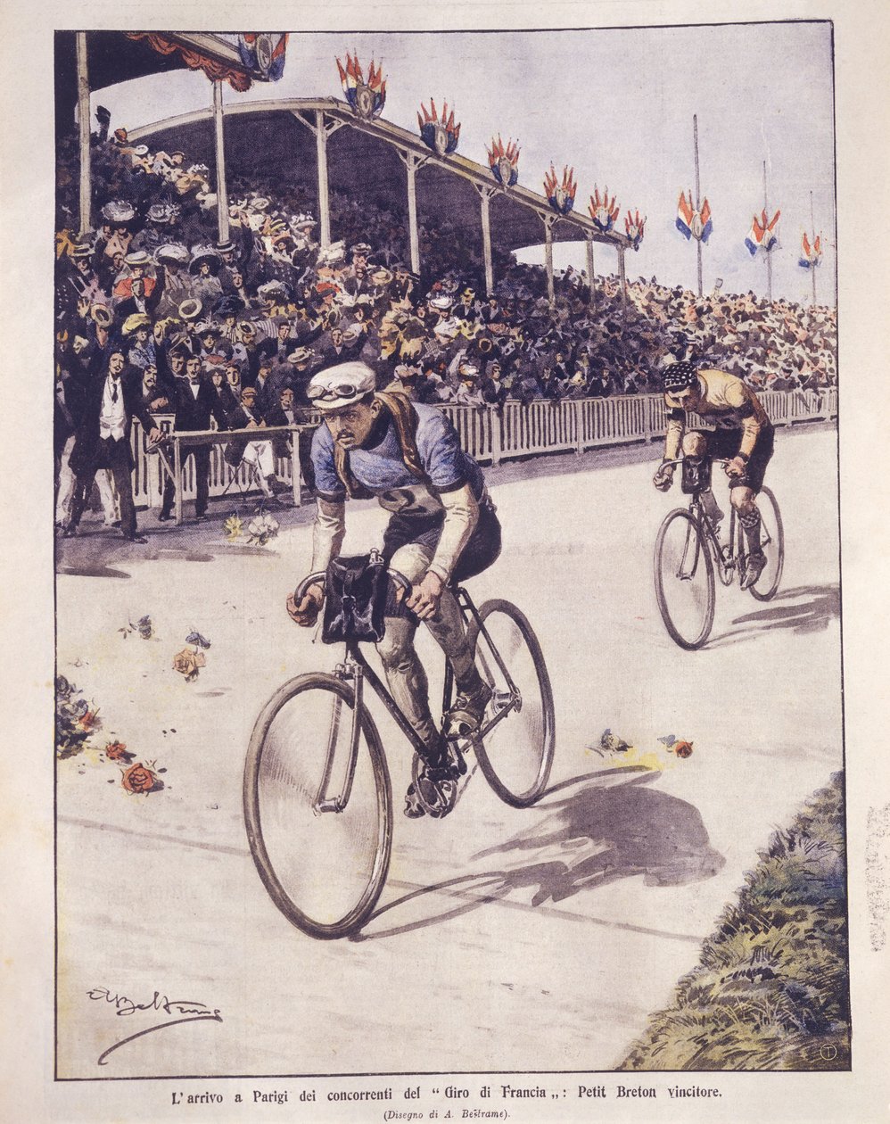 Omslagsillustration av Tour de France-åkarnas ankomst, med Petit-Breton-vinnaren; Paris, Frankrike av Achille Beltrame