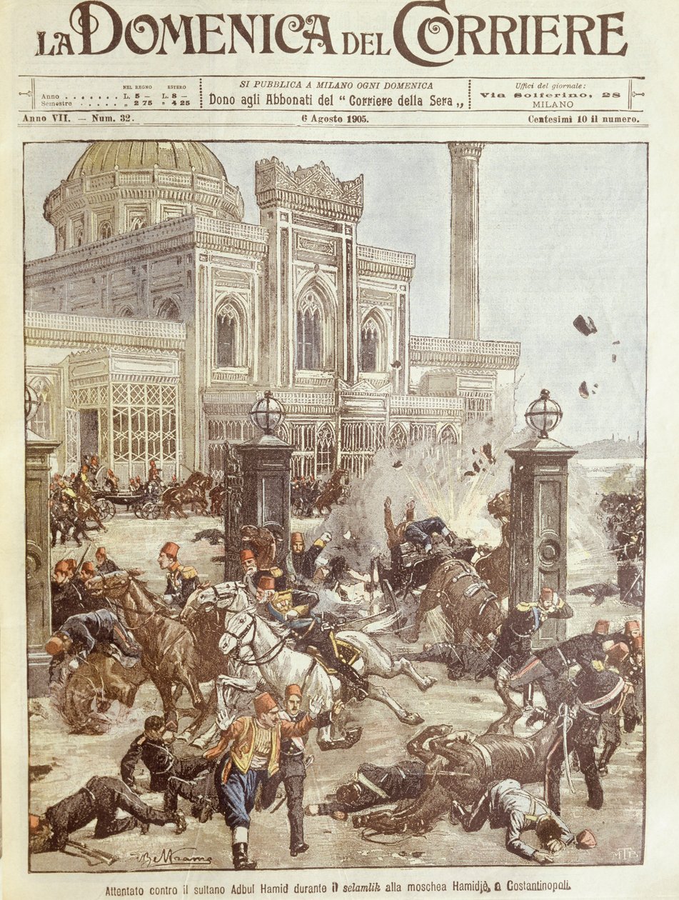 Omslagsillustration av mordförsök mot Sultan Abdul Hamid i Konstantinopel av Achille Beltrame
