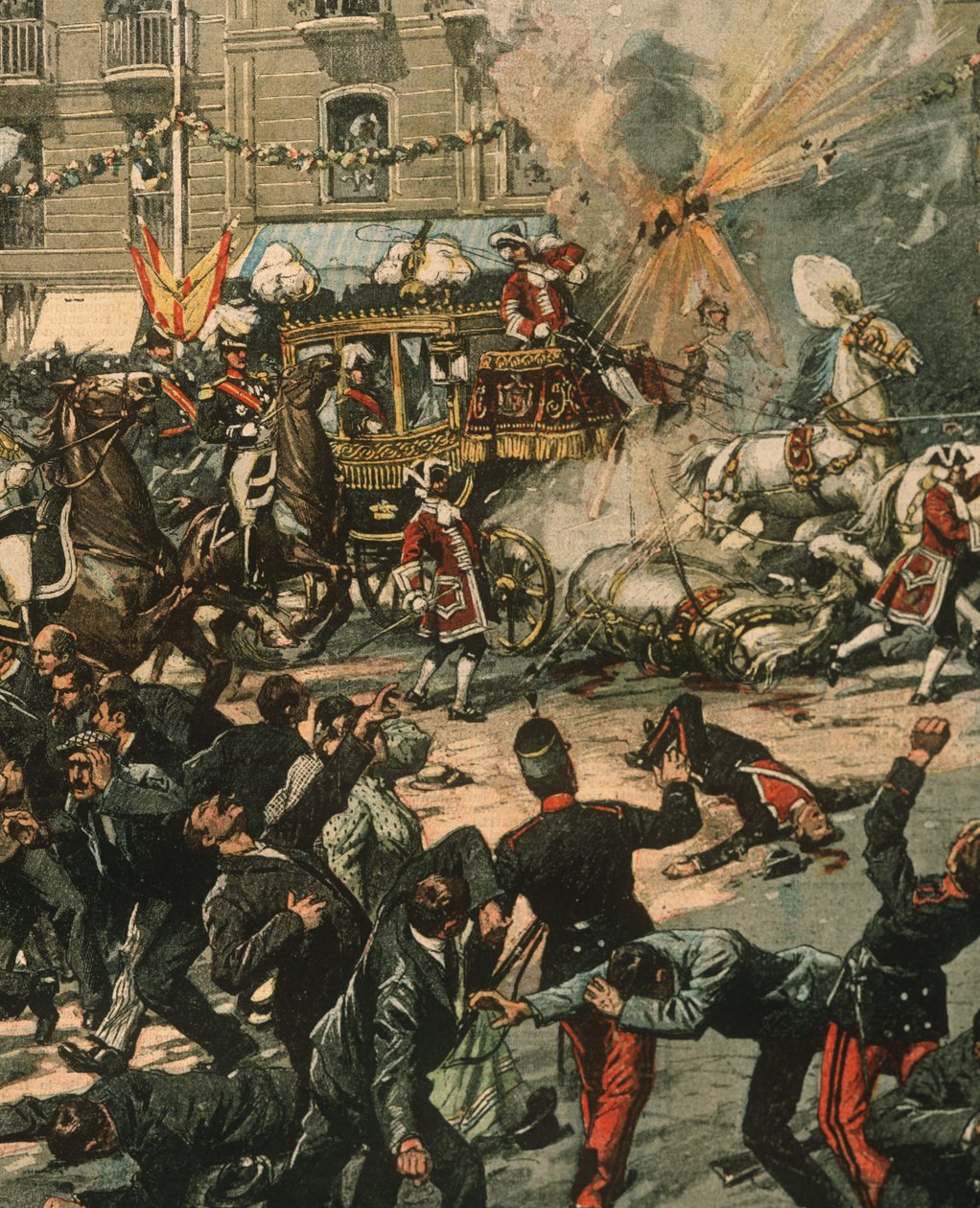 Omslagsillustration av mordförsök på kung Alfonso XIII på hans bröllopsdag, 31 maj 1906, Madrid, Spanien av Achille Beltrame