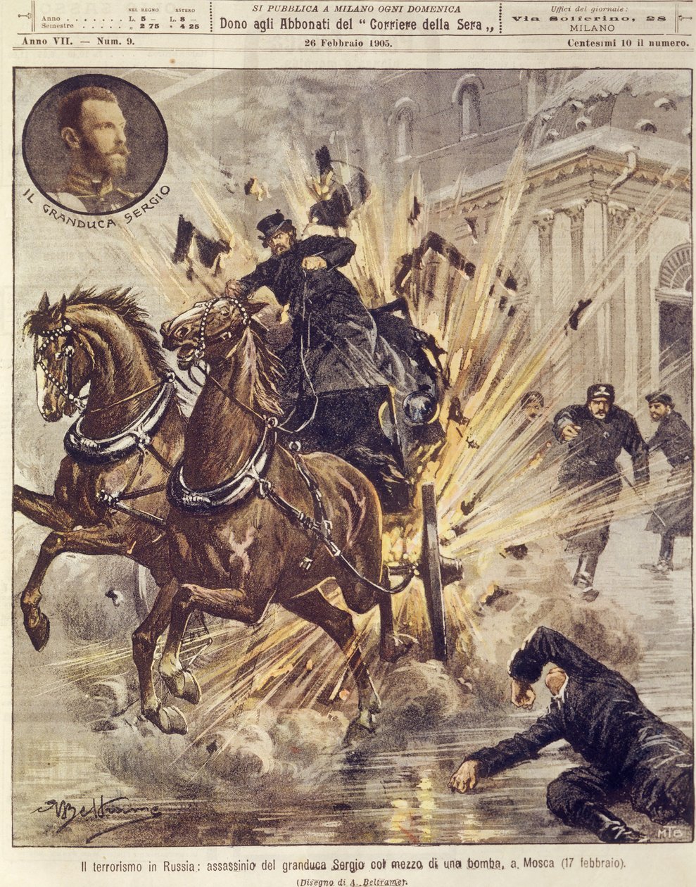 Omslagsillustration av mordet på storhertig Sergej Alexandrovich Romanov av terroristbomb i Moskva, Ryssland av Achille Beltrame