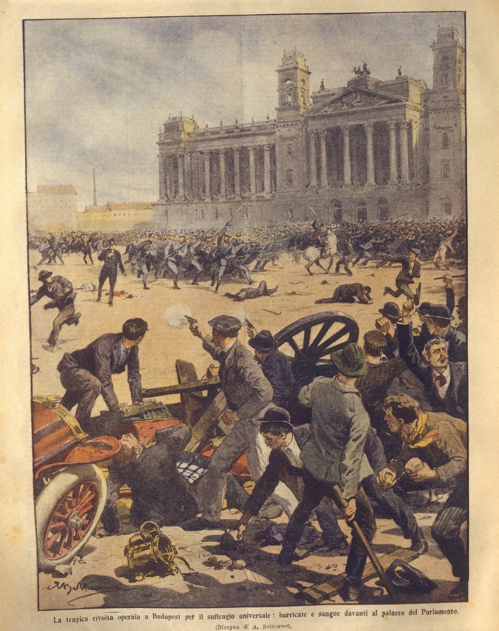 Omslagsillustration av striderna på Parliament Square under Budapest-upproret av Achille Beltrame