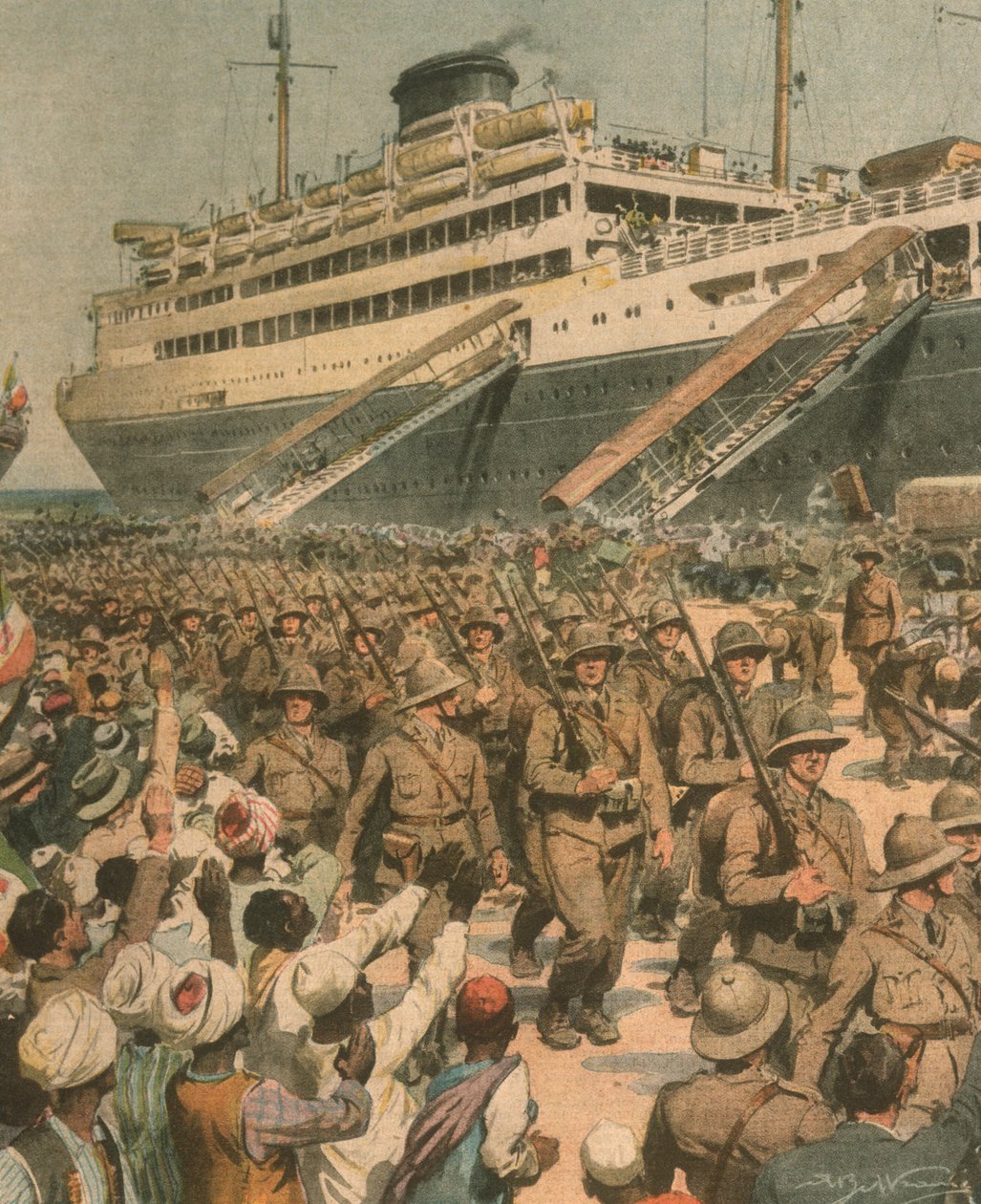 Omslagsillustration av landsättning av italienska trupper i Östafrika av Achille Beltrame