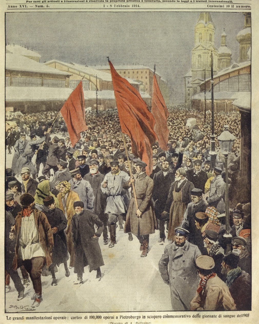 Omslagsillustration av hundra tusen arbetare som marscherar för att fira den blodiga söndagen 1905; Sankt Petersburg, Ryssland av Achille Beltrame