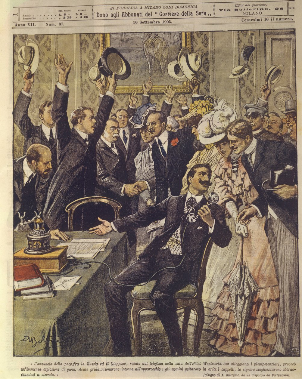 Omslagsillustration av människor som firar tillkännagivandet av fredsavtal mellan Ryssland och Japan, under det rysk-japanska kriget 1904-1905 av Achille Beltrame