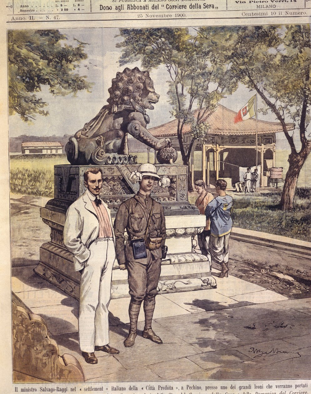 Omslagsillustration av turister i den förbjudna staden; Peking, Kina av Achille Beltrame