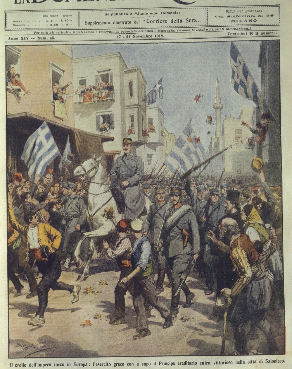Omslagsillustration av segerrik grekisk armé som går in i Thessaloniki under det turkiska imperiets undergång av Achille Beltrame