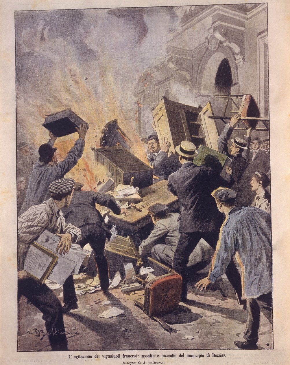 Omslagsillustration av vinmakare som sätter eld på Beziers stadshus under uppror i Frankrike av Achille Beltrame