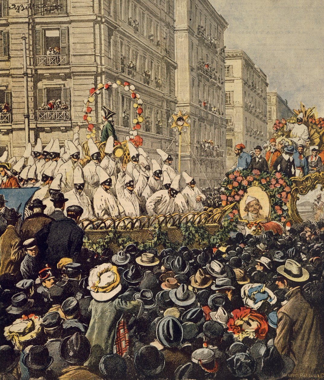 Folkmassor under karneval i Neapel, av Achille Beltrame, illustration, illustratör Achille Beltrame (1871-1945), från La Domenica del Corriere, 31 januari 1904 av Achille Beltrame