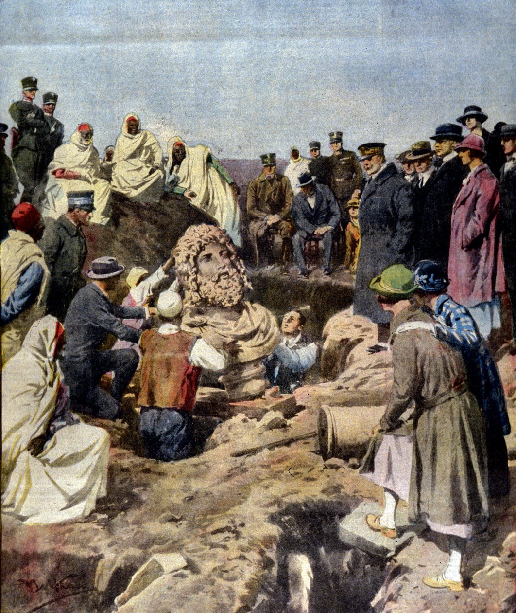 Upptäckten av en byst av Jupiter vid Sabratha i Libyen 1925. illustration av Achille Beltrame av Achille Beltrame