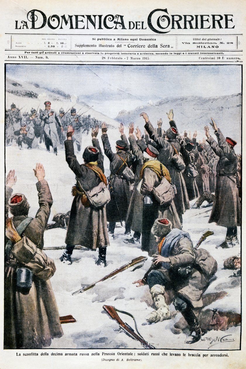 Nederlag för tionde ryska armén i Östpreussen: Ryska soldater höjer sina armar i kapitulation, skylt av Achille Beltrame (1871-1945) från La Domenica del Corriere, 28 februari-7 mars 1915 av Achille Beltrame