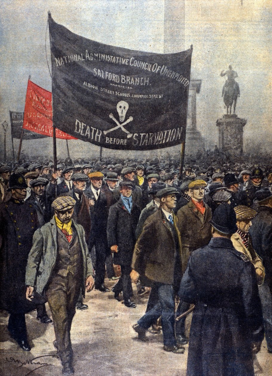 Demonstration av minderåriga i strejk. London 1922. Illustration av Achille Beltrame. "Kurirens söndag". av Achille Beltrame