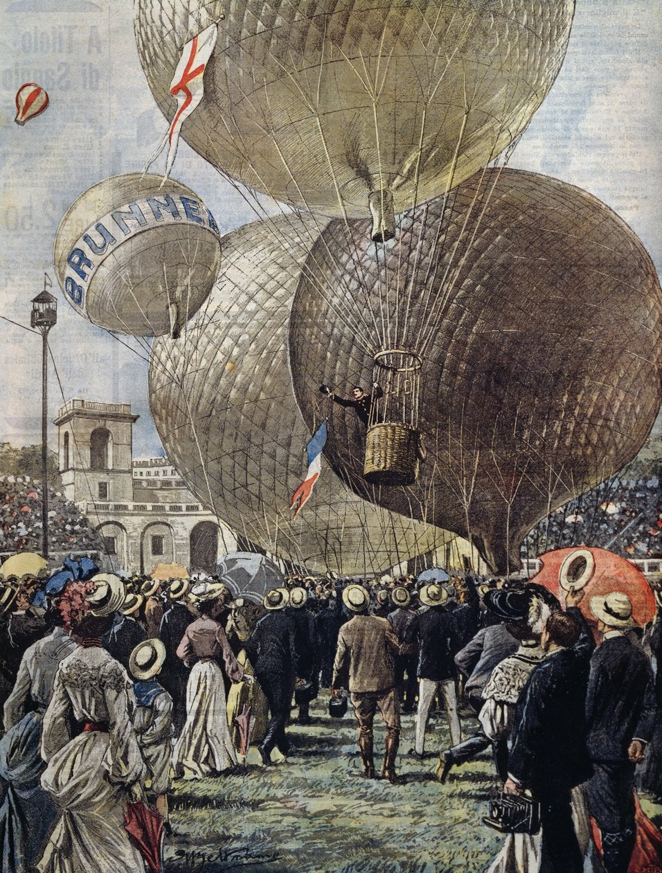 Luftballongens avgång vid Milan Air Show, illustration av Achille Beltrame från La Domenica del Corriere, 19 juni av Achille Beltrame