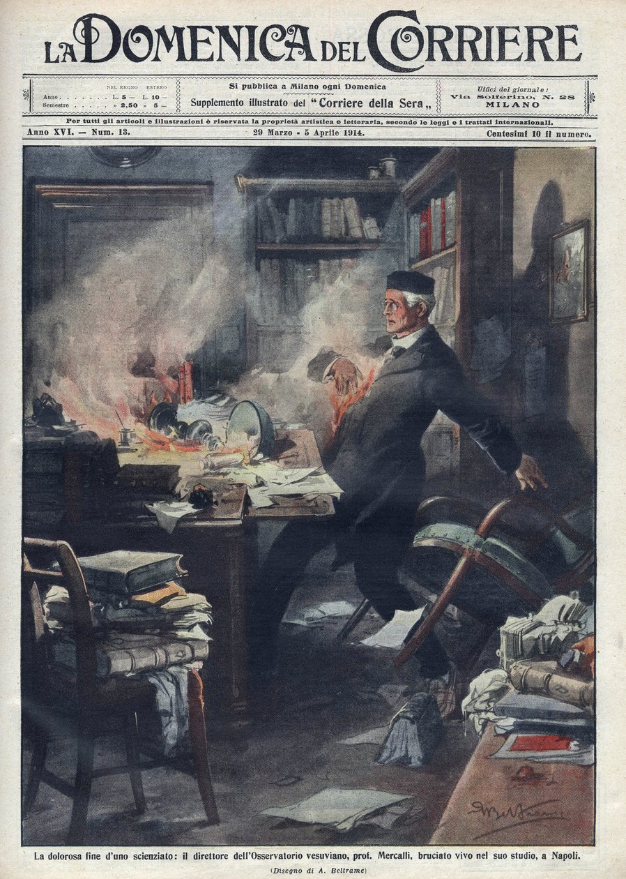Död i sitt laboratorium i Neapel av Giuseppe Mercalli (1850 -1914), italiensk seismolog och vulkanolog. Illustration av Achille Beltrame för "" La domenica del corriere""". 1914. av Achille Beltrame