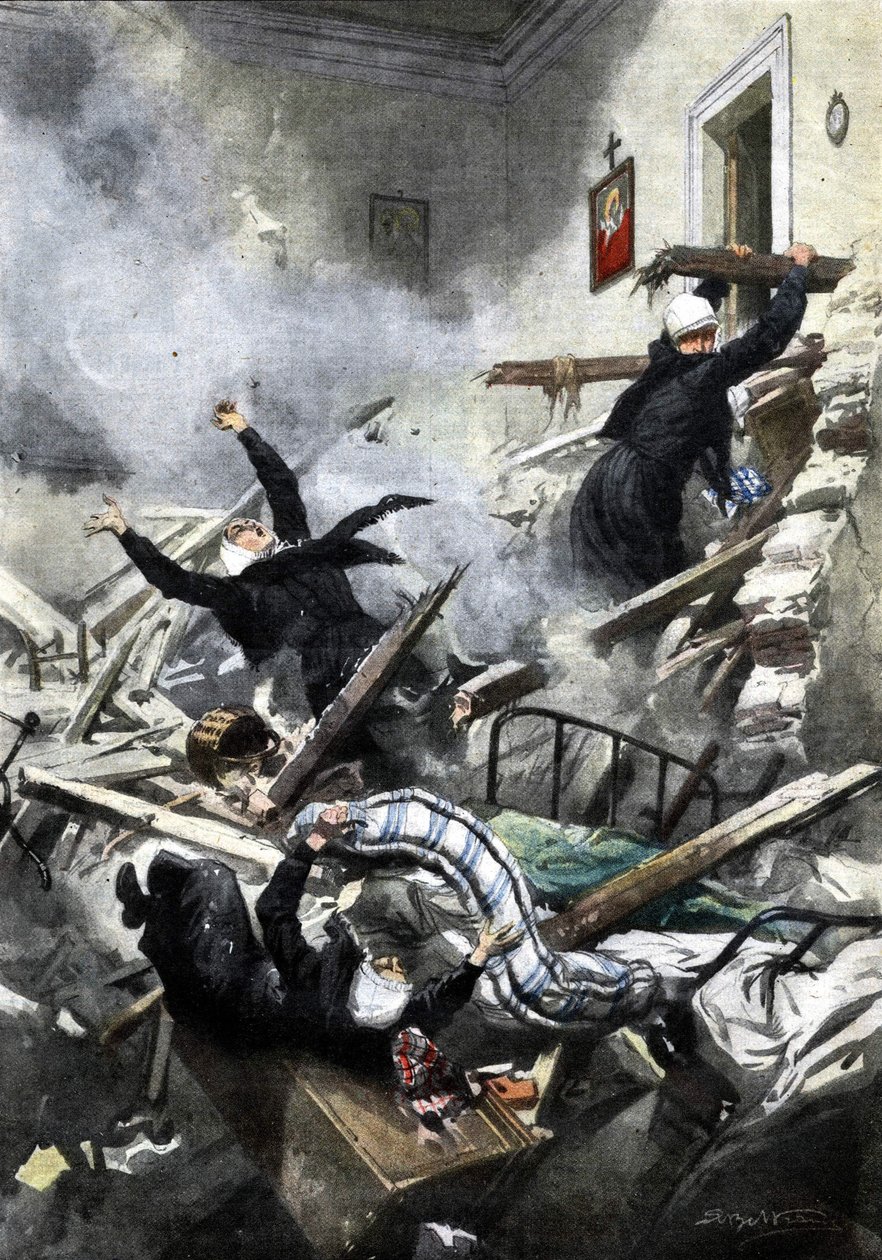 Katastrof i en byggnad i Genua: goda systrar försvann i kollapsen av två lägenheter. Ill. de Beltrame. "La Domenica del Corriere". 04/1914. av Achille Beltrame