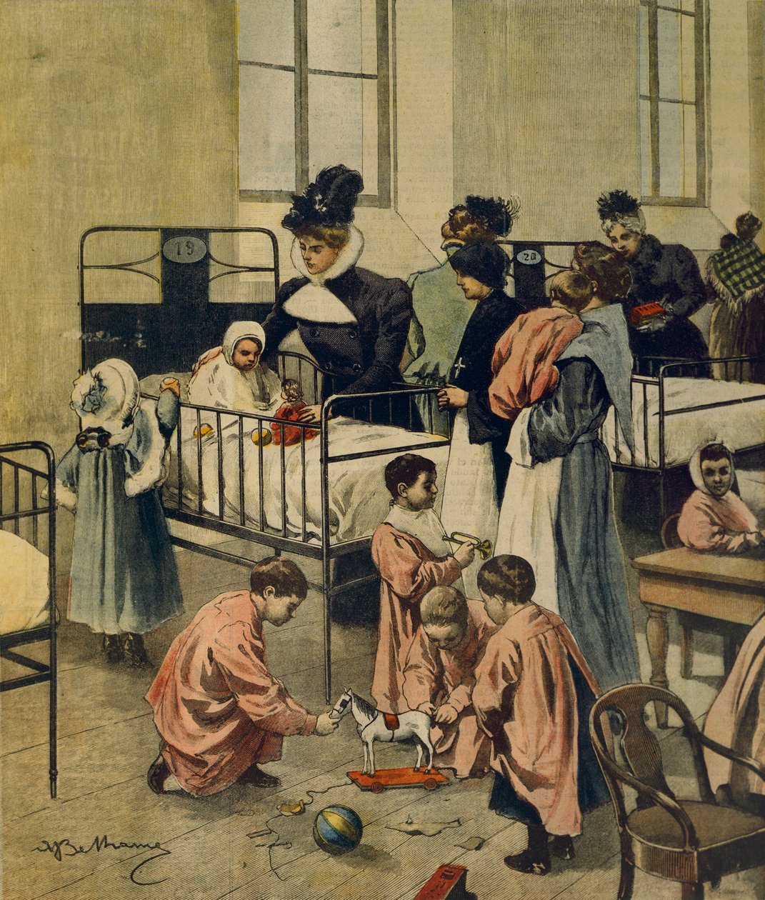 Utdelning av julklappar till fattiga barn på sjukhus, av Achille Beltrame, illustration, illustratör Achille Beltrame (1871-1945), från La Domenica del Corriere, 23 november 1900 av Achille Beltrame
